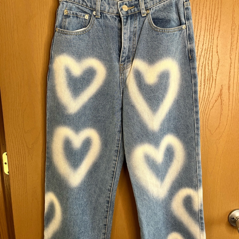 Adika Blue and White Straight Leg Heart Jeans